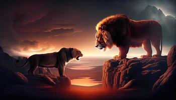 grande león y leona en el parte superior de el montaña. generar ai. foto