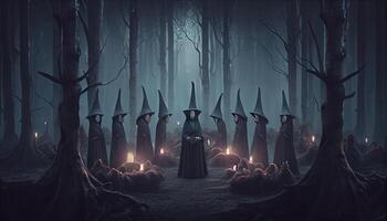 A gloomy dramatic background, witches in black cloaks perform a ritual in a dark gloomy forest. .Generate Ai. photo