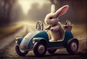 Easter excursion Easter bunny in a pedal car. Generate Ai. photo