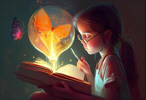 ilustración pintura de niña leyendo un libro y grande bulbo. generar ai. foto