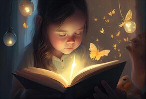 ilustración pintura de niña leyendo un libro y grande bulbo. generar ai. foto