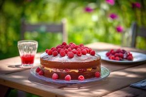 Raspberry cake in sunlight. Generate Ai photo