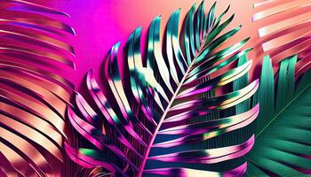 Tropical and palm leaves in bright bold holographic colors. Generate Ai. photo