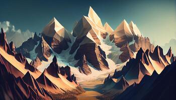 Towering mountain range dotted with towering peaks and treacherous passes. Generate Ai. photo