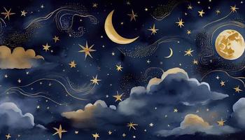 Seamless pattern of the night sky with gold foil constellations stars and clouds watercolor. Generate Ai. photo