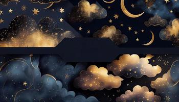 Seamless pattern of the night sky with gold foil constellations stars and clouds watercolor. Generate Ai. photo