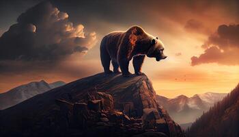 Big ferocious bear on top of a mountain at sunset. Generate Ai. photo