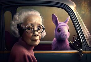 An old woman and a rabbit. Joke .Generate Ai. photo