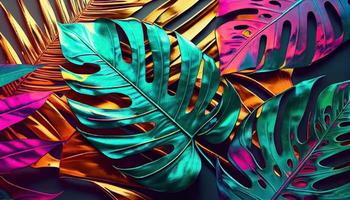 Tropical and palm leaves in bright bold holographic colors. Generate Ai. photo