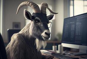 Portrait of an anthropomorphic goat as a developer in the office. Generate Ai. photo