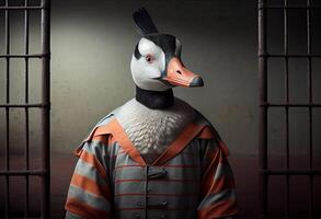 Portrait of an anthropomorphic goose dressed as a prisoner. Generate Ai. photo