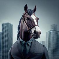 retrato de un antropomórfico caballo empresario itinerancia el ciudad calles generar ai. foto