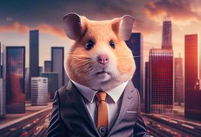 Portrait of an anthropomorphic hamster businessman roaming the city streets. Generate Ai. photo