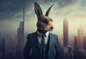 Portrait of an anthropomorphic rabbit businessman roaming the city streets. Generate Ai. photo