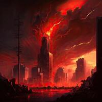 Red thunder cityscape the burning city digital art style. Generate Ai. photo