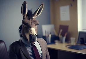 Portrait of an anthropomorphic donkey in a suit of a businessman as office worker in the modern office. Generate Ai. photo
