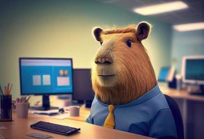 Portrait of an anthropomorphic capybara as a developer in the office. Generate Ai. photo