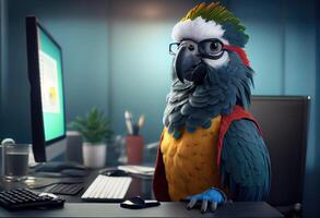 Portrait of an anthropomorphic parrot as a developer in the office. Generate Ai. photo