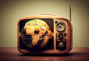 Vintage radio with planet earth. World radio day theme concept. Generate Ai. photo