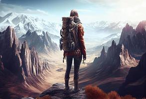 Woman with backpack, traveller or explorer standing on top of mountain or cliff and looking on valley. Generate Ai. photo