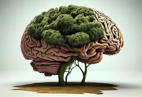 Tree in the shape of brain thinks and childrens to environmental solution. Generate Ai. photo