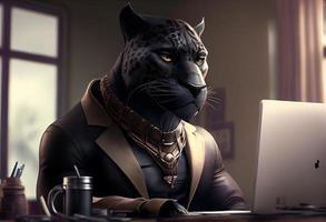 Portrait of an anthropomorphic black panther as a developer in the office. Generate Ai. photo