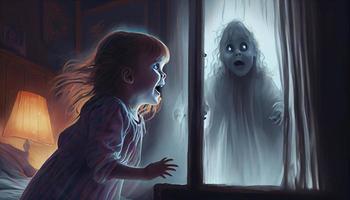 The child scaring to see the ghost, digital art style, illustration painting. Generate Ai. photo