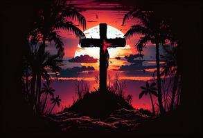 The Cross on sunset background. Generate Ai. photo