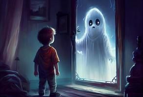 The child scaring to see the ghost, digital art style, illustration painting. Generate Ai. photo
