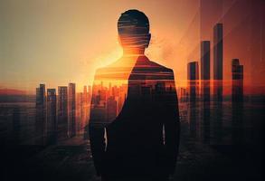 The double exposure image of the business man standing back during sunrise overlay with cityscape image. Generate Ai. photo