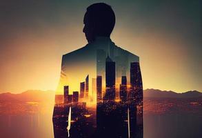 The double exposure image of the business man standing back during sunrise overlay with cityscape image. Generate Ai. photo