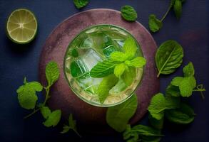 Top view of refreshing mint cocktail mojito. Generate Ai. photo