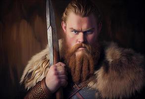 el vikingo destacado alto y orgulloso, su músculos tenso debajo su forrado de piel sayo. generar ai. foto