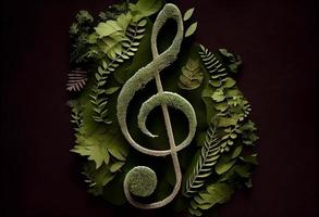 Treble clef music notes made from nature green leaf. Concept of World Music Therapy Day . Generate Ai. photo