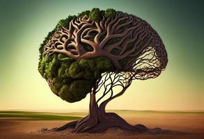 Tree in the shape of brain thinks and childrens to environmental solution. Generate Ai. photo