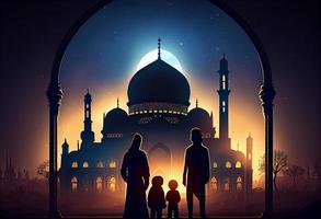 Ramadan Kareem greeting. Family looking at mosque. Generate Ai. photo