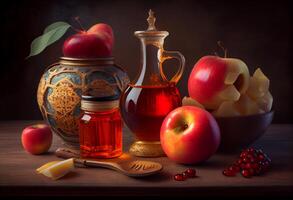 Rosh hashana jewish holiday concept - apples, honey, pomegranat . Generate Ai. photo