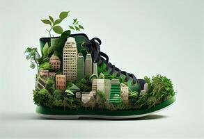 Shoe with greenery and city , Carbon Footprint concept. Generate Ai. photo