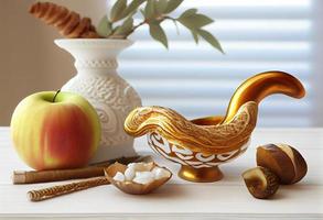 shofar y otro rosh hashaná fiesta atributos en blanco de madera mesa adentro . generar ai. foto