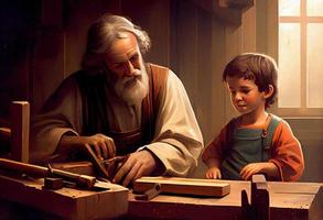 Saint Joseph of Nazareth teaches Jesus Christ about carpentry. Father's Day. Saint Joseph the Worker. Generate Ai. photo