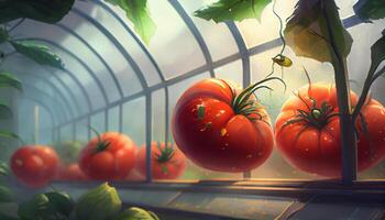 Ripe juicy red tomatoes in the greenhouse . Generate Ai. photo