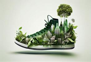 Shoe with greenery and city , Carbon Footprint concept. Generate Ai. photo