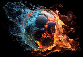 Soccer ball in fire and water. Illustration of the soccer ball enveloped in elements on black background. Generate Ai. photo