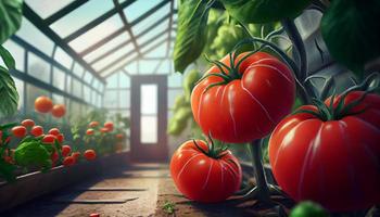Ripe juicy red tomatoes in the greenhouse . Generate Ai. photo