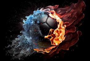 Soccer ball in fire and water. Illustration of the soccer ball enveloped in elements on black background. Generate Ai. photo