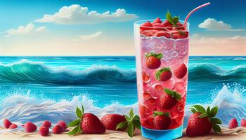 Strawberries summer drink on sea background. Generate Ai. photo