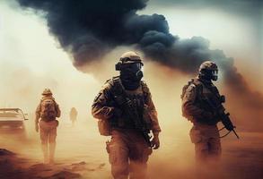 el concepto de militar unidades. soldados con brazos y mando centrar Entre fumar en batalla campo. generar ai. foto