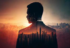 The double exposure image of the business man standing back during sunrise overlay with cityscape image. Generate Ai. photo