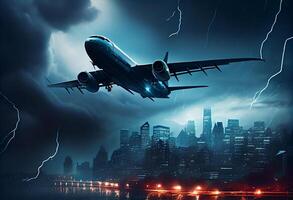 Passenger plane flies in a storm over the city . Generate Ai. photo