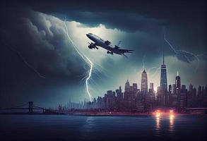 Passenger plane flies in a storm over the city . Generate Ai. photo